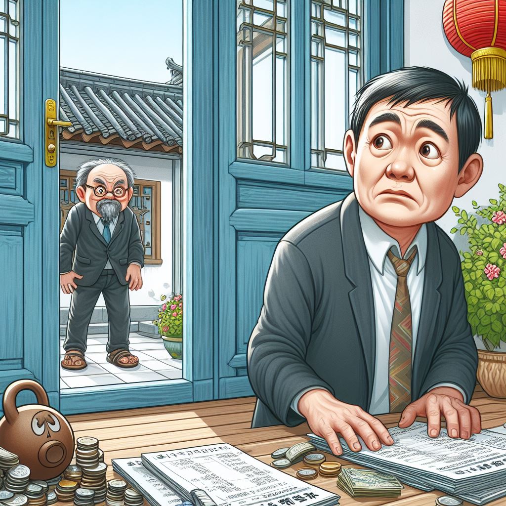 一位華人男性經營生意失敗，躲在家裡面不敢出門，因為門外有債主在討債
